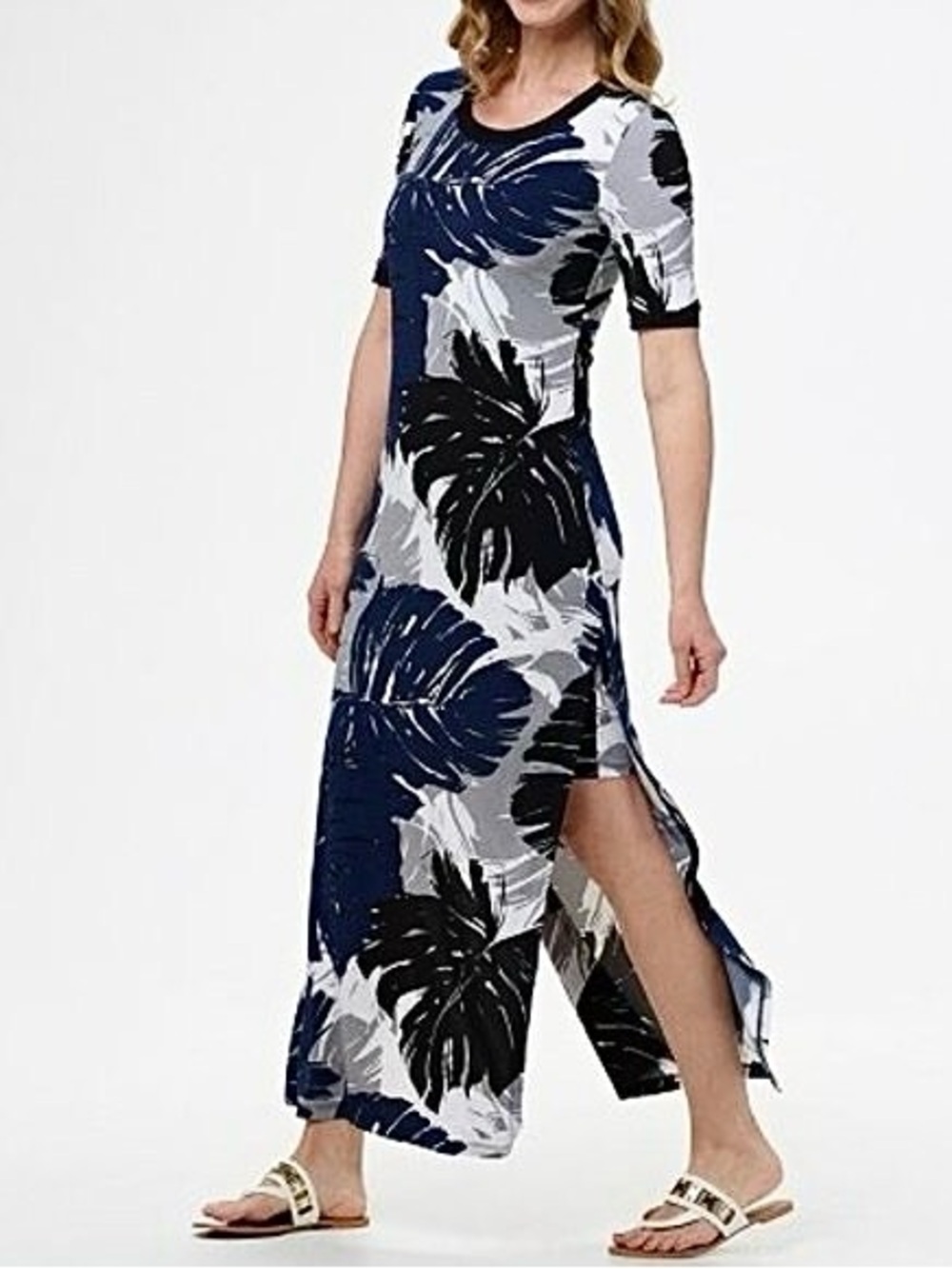 G.I.L.I Jetsetter navy tropical palm leaf pattern side slit stretch maxi dress S